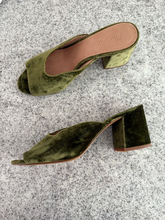 Madewell Shoes - Madewell green velvet slide heels *FLAW* size 10